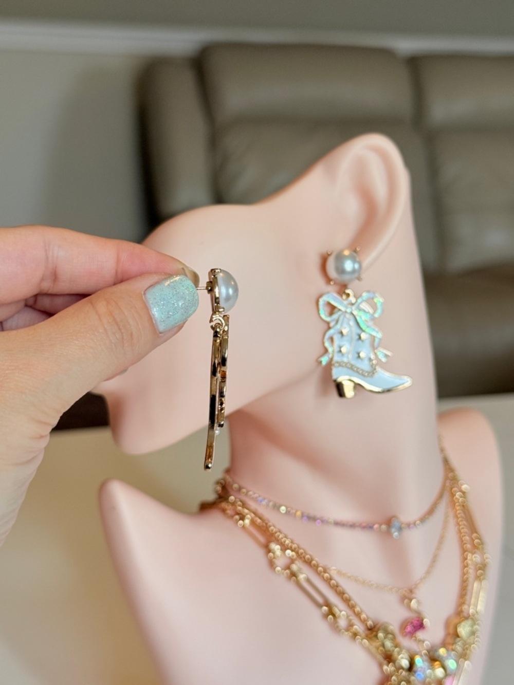Pearl Top Blue Cowboy Boot Drop Earrings - Women Jewelry - Picture 5 of 13